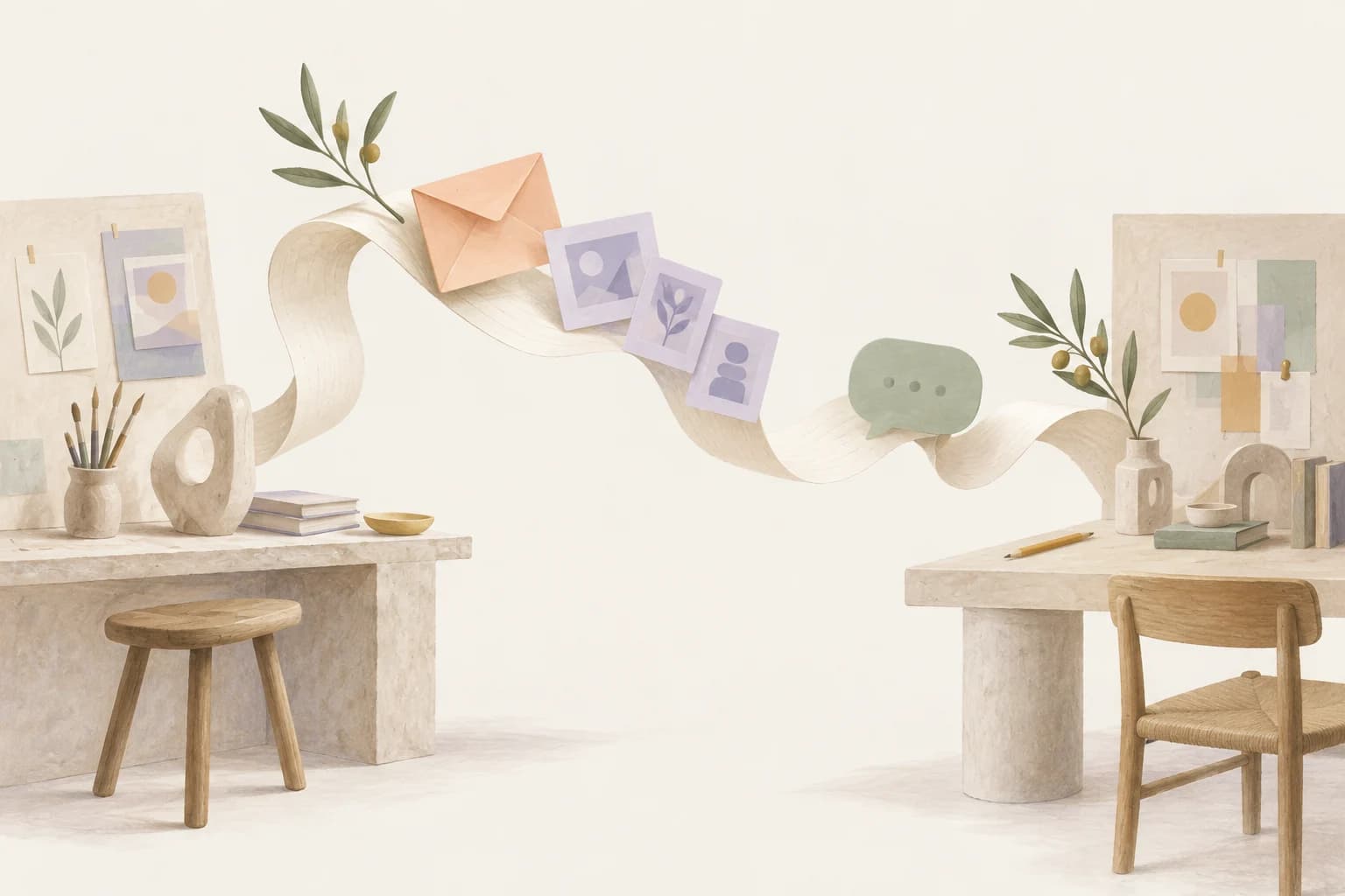 A flowing paper ribbon carries an envelope, storyboards and a conversation between two creative studios.